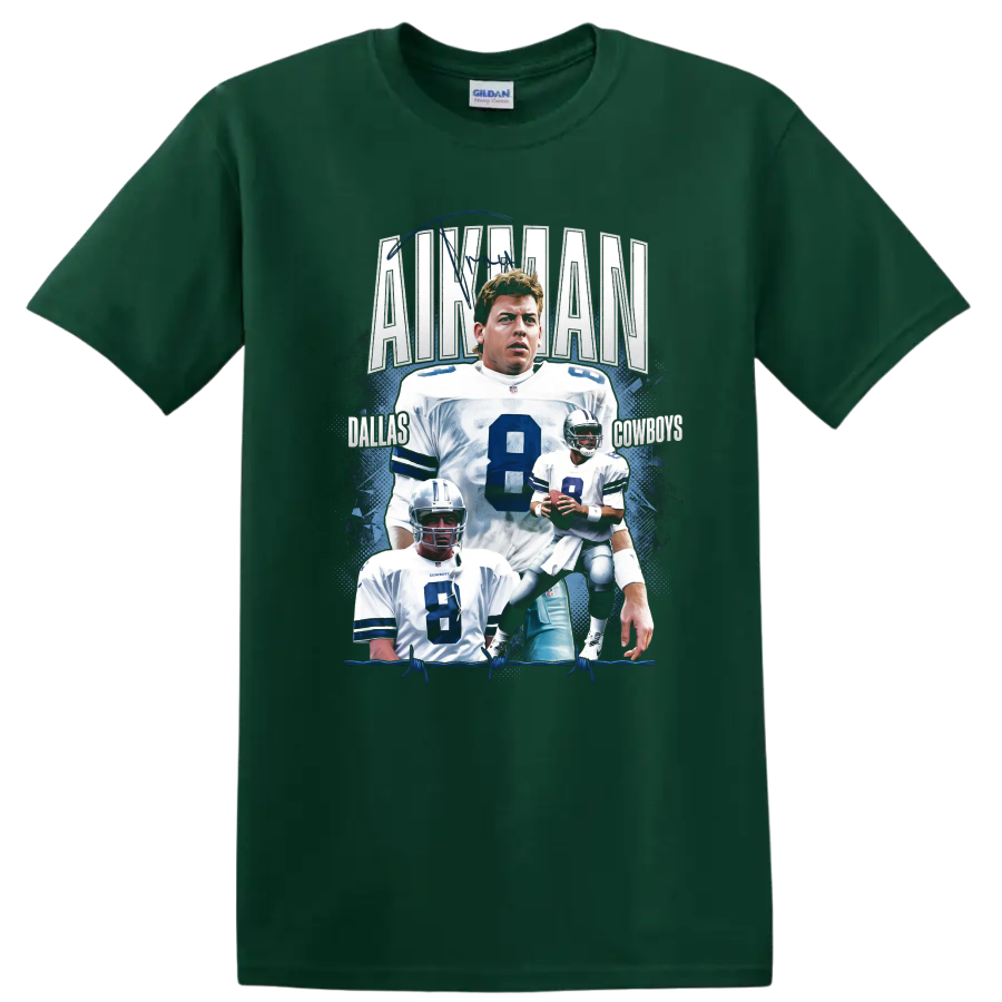 Troy Aikman Dallas Cowboys No. 8 football collage with quarterback action portraits on a Forest Green T Shirt