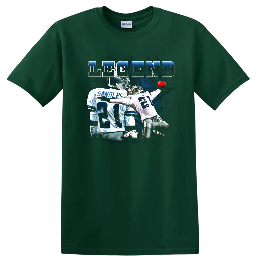 Deion Sanders Dallas Cowboys number 21 action graphic with distressed LEGEND text on a Forest Green T Shirt