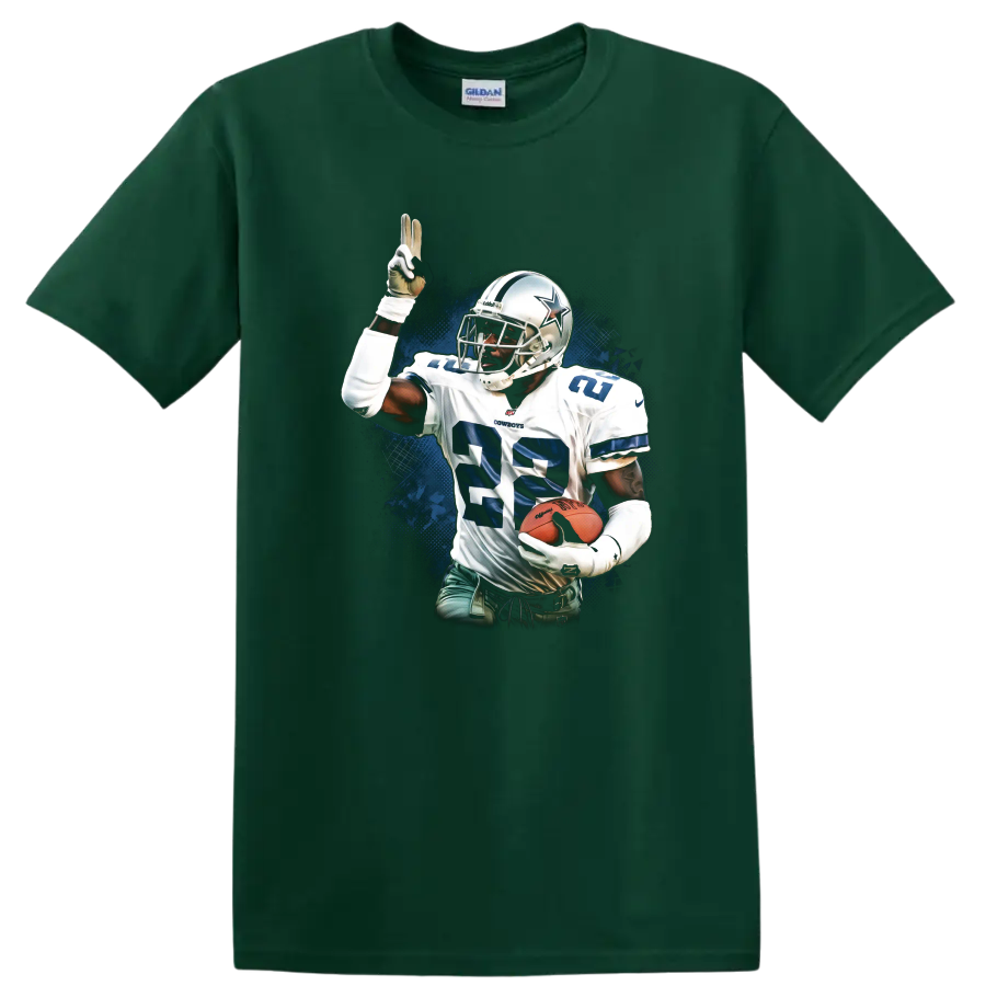 Emmitt Smith Dallas Cowboys No. 22 football action art with blue grunge backdrop on a Forest Green T Shirt
