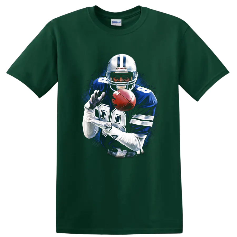 Emmitt Smith Dallas Cowboys number 22 football player with ball in blue action art on a Forest Green T Shirt