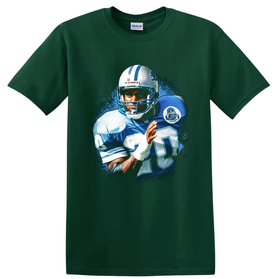 Barry Sanders Detroit Lions number 20 football action portrait with blue splatter art on a Forest Green T Shirt