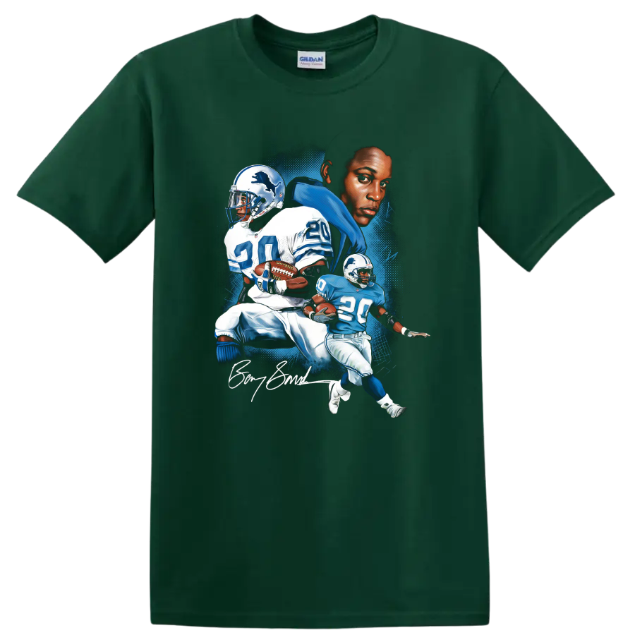 Barry Sanders Detroit Lions No. 20 illustrated football action portrait on a Forest Green T Shirt