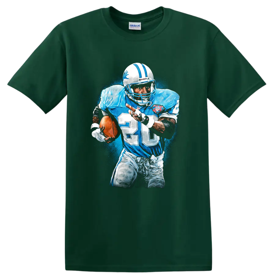 Barry Sanders Detroit Lions number 20 running back action graphic with blue paint splatter on a Forest Green T Shirt
