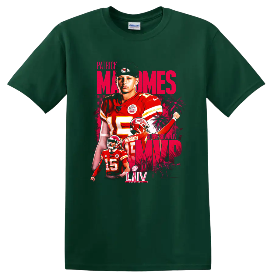 Patrick Mahomes Chiefs Super Bowl LIV MVP layered football portrait in pink and red on a Forest Green T Shirt
