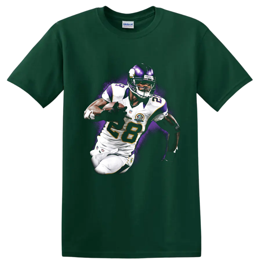 Adrian Peterson Minnesota Vikings running back action artwork with purple halftone burst on a Forest Green T Shirt