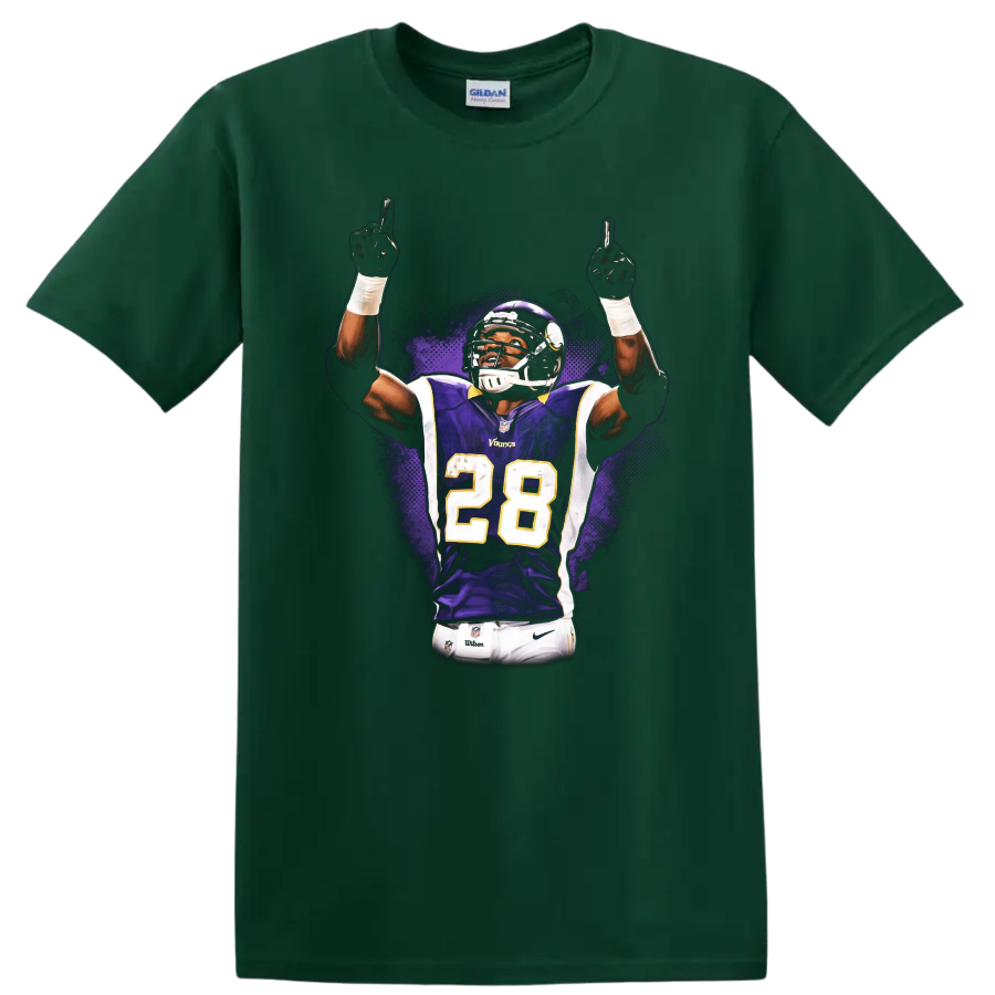 Adrian Peterson Vikings number 28 purple jersey celebration with purple splash art on a Forest Green T Shirt