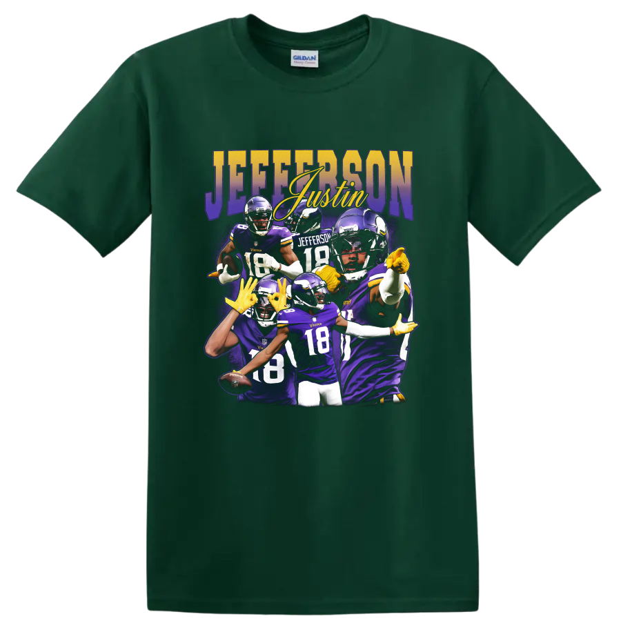 Justin Jefferson Minnesota Vikings purple football action collage with JEFFERSON lettering on a Forest Green T Shirt