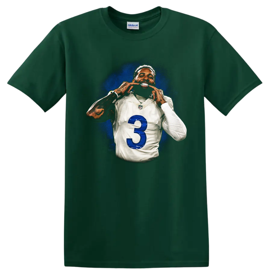 Odell Beckham Jr Cleveland Browns number 3 portrait with blue splatter background on a Forest Green T Shirt