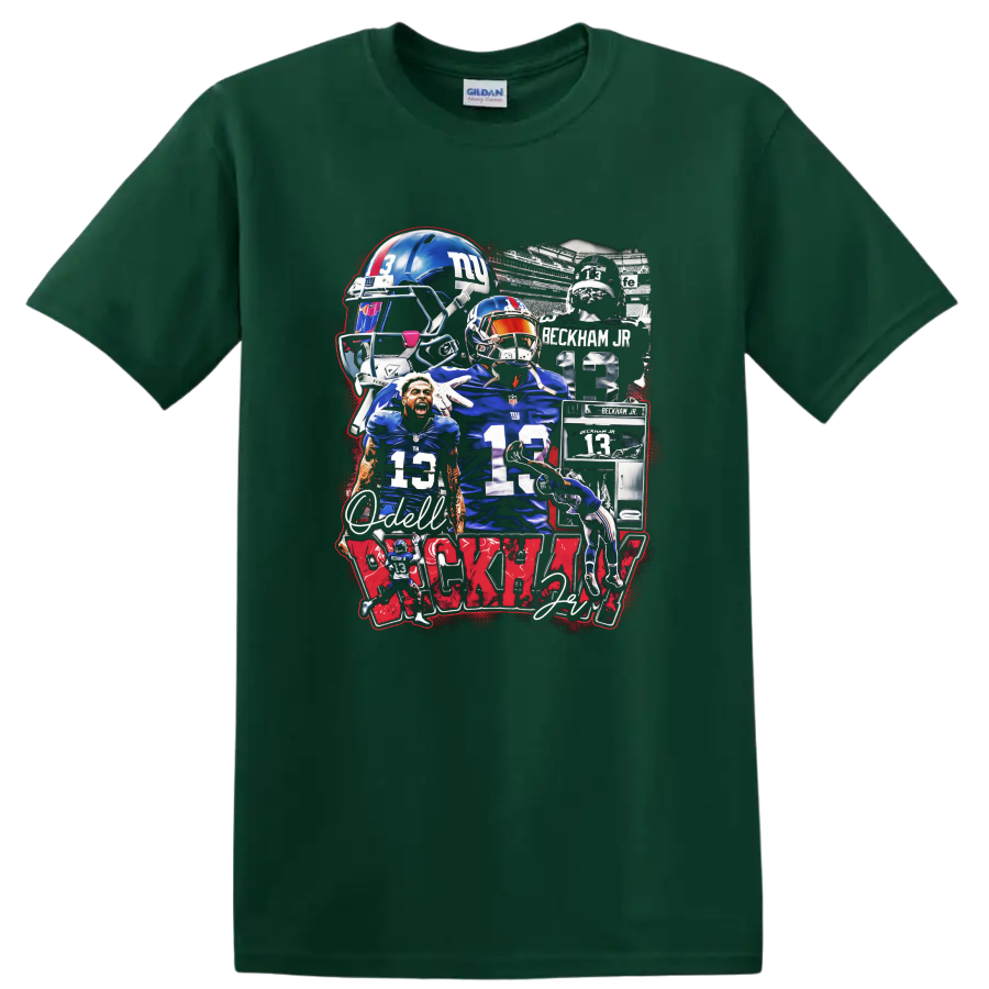 Odell Beckham Jr New York Giants No. 13 football action collage with helmet art on a Forest Green T Shirt
