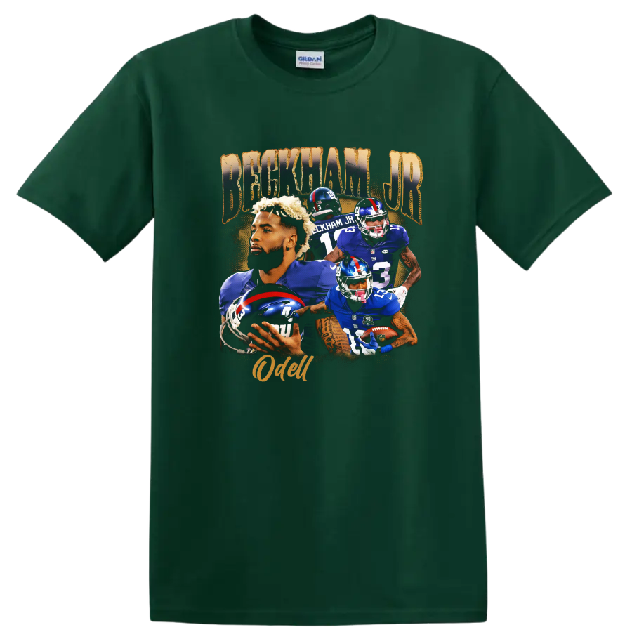 Odell Beckham Jr. New York Giants football action collage with Beckham Jr. and Odell text on a Forest Green T Shirt