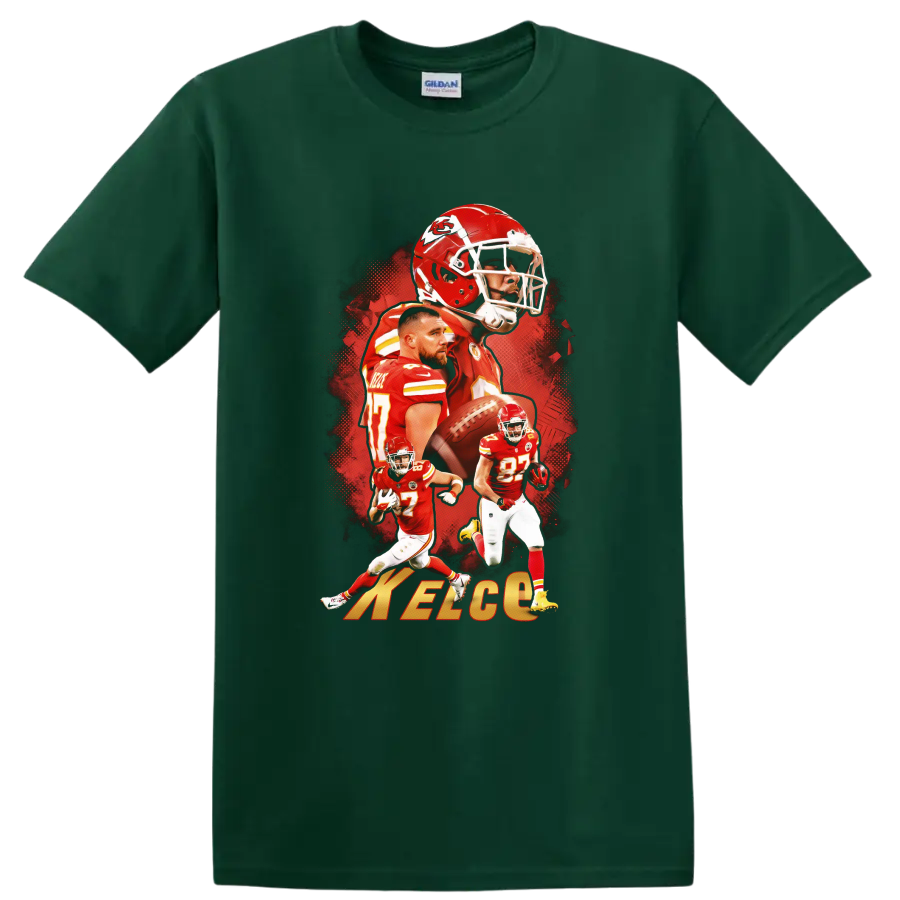 Travis Kelce Kansas City Chiefs football action collage with number 87 and helmet art on a Forest Green T Shirt