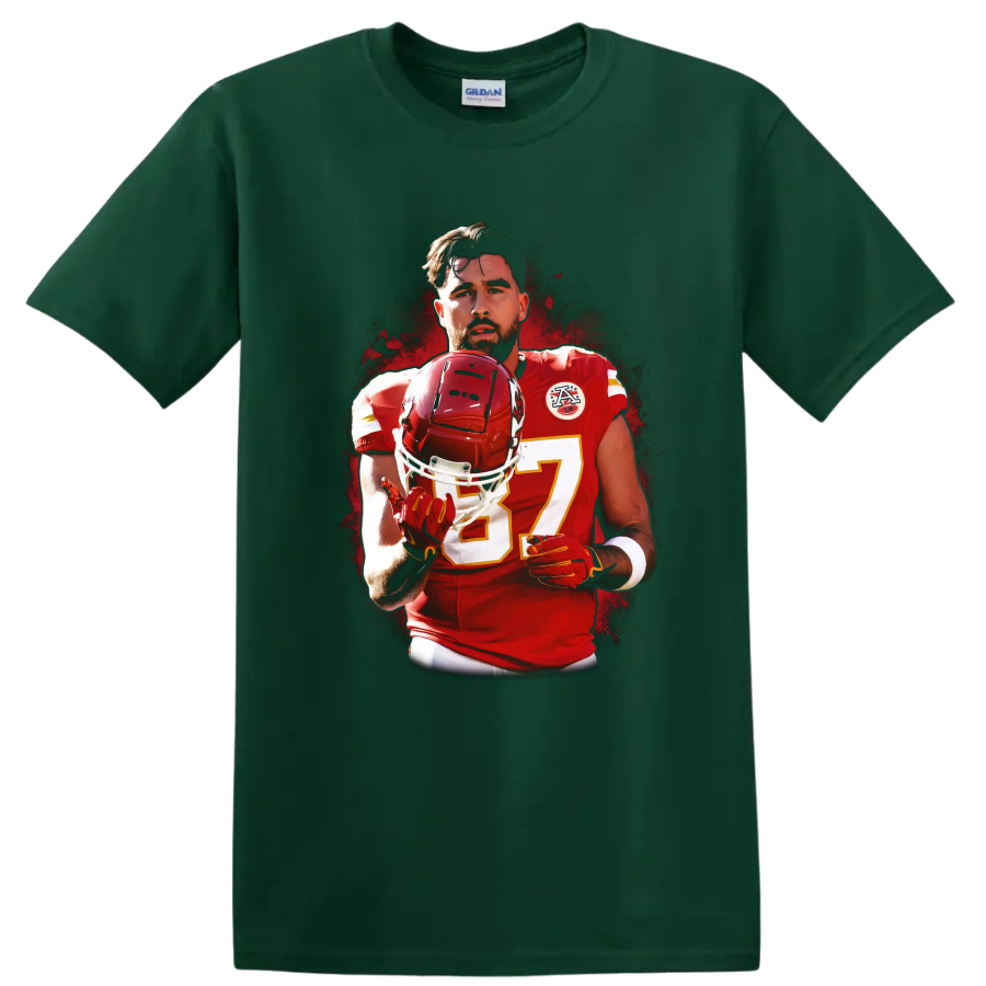 Travis Kelce Kansas City Chiefs number 87 helmet portrait in bold halftone sports art on a Forest Green T Shirt