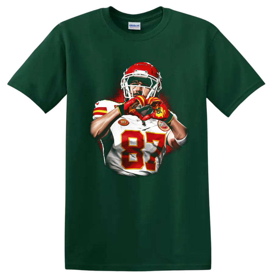 Travis Kelce Chiefs football portrait making heart hands in red splatter art on a Forest Green T Shirt