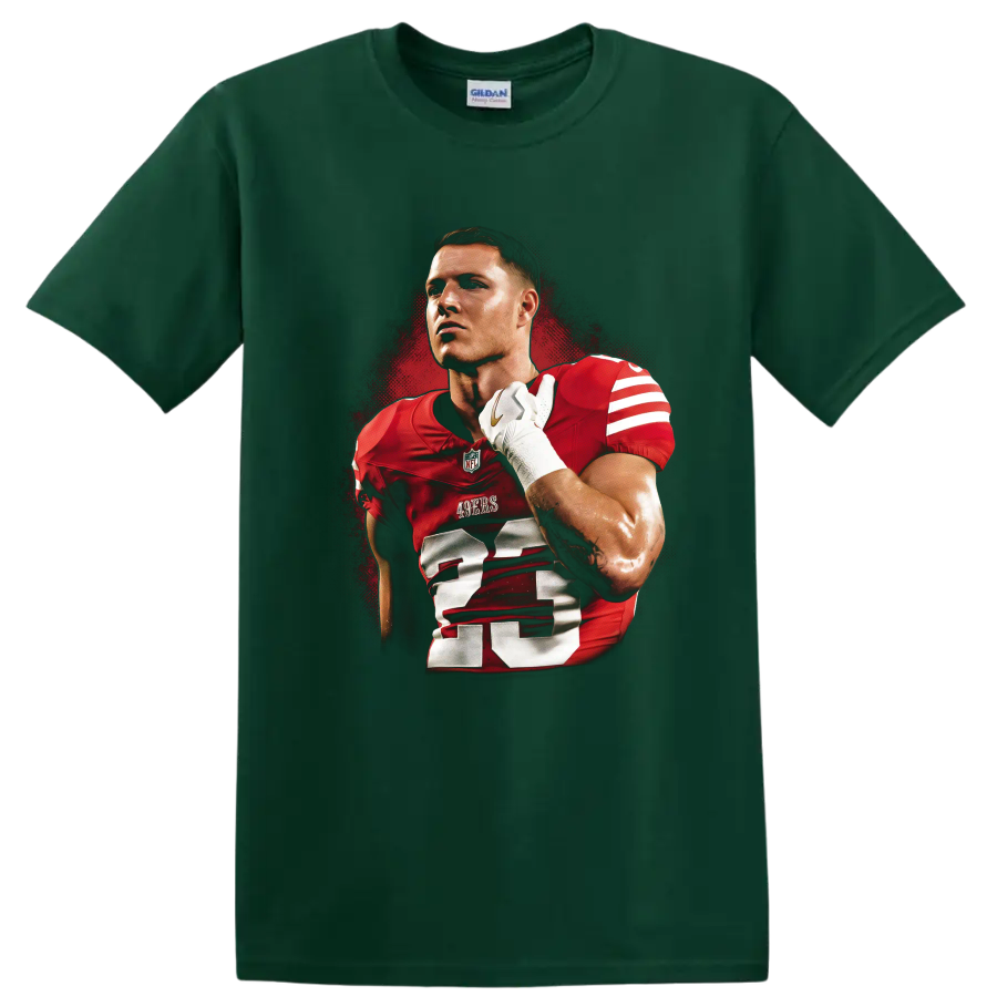 Christian McCaffrey 49ers number 23 football portrait in gritty red poster style on a Forest Green T Shirt