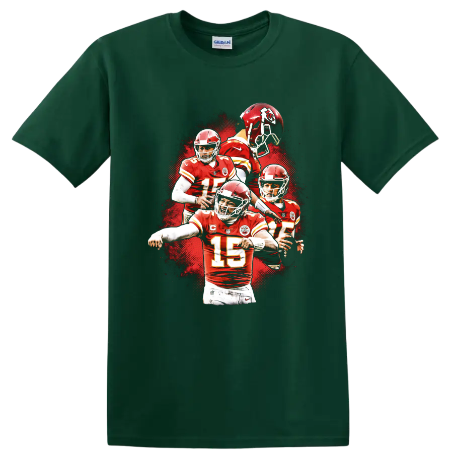 Patrick Mahomes Kansas City Chiefs quarterback action collage with red splatter on a Forest Green T Shirt