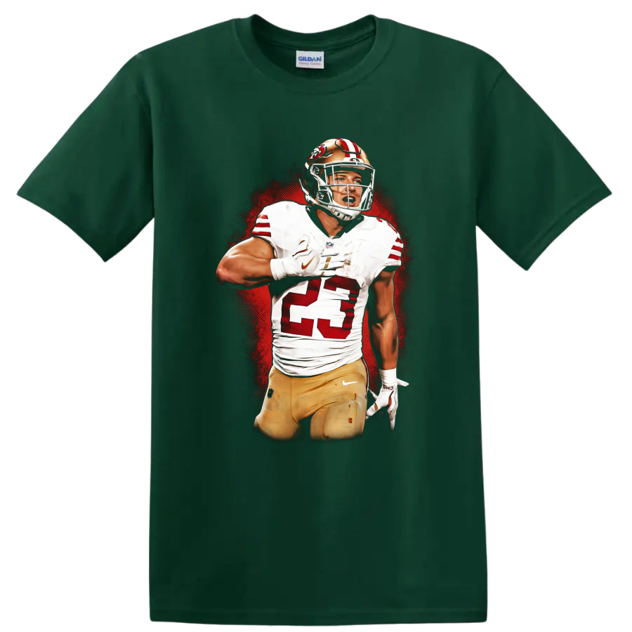 Christian McCaffrey 49ers number 23 football action portrait with red halftone backdrop on a Forest Green T Shirt