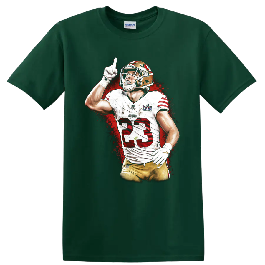 Christian McCaffrey 49ers number 23 football player in red splatter sports art on a Forest Green T Shirt