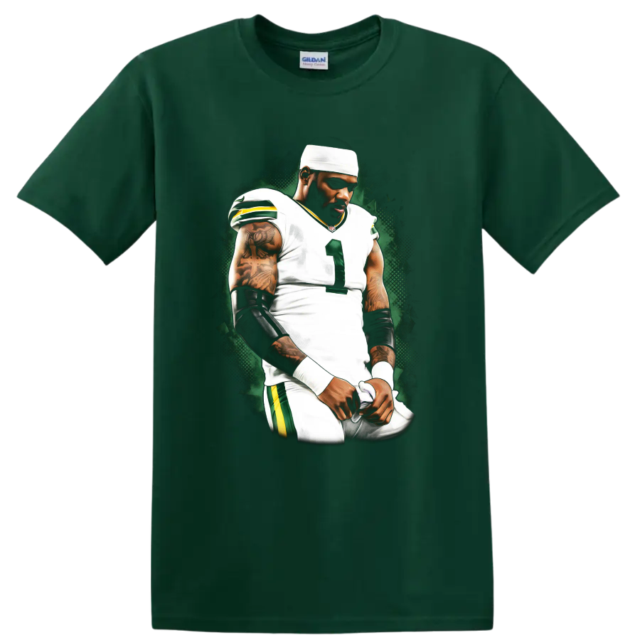 Davante Adams football player portrait in white uniform with green halftone backdrop on a Forest Green T Shirt