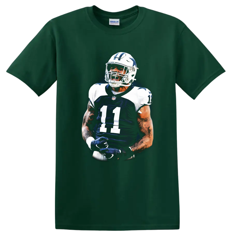 Micah Parsons Dallas Cowboys number 11 football action portrait graphic on a Forest Green T Shirt
