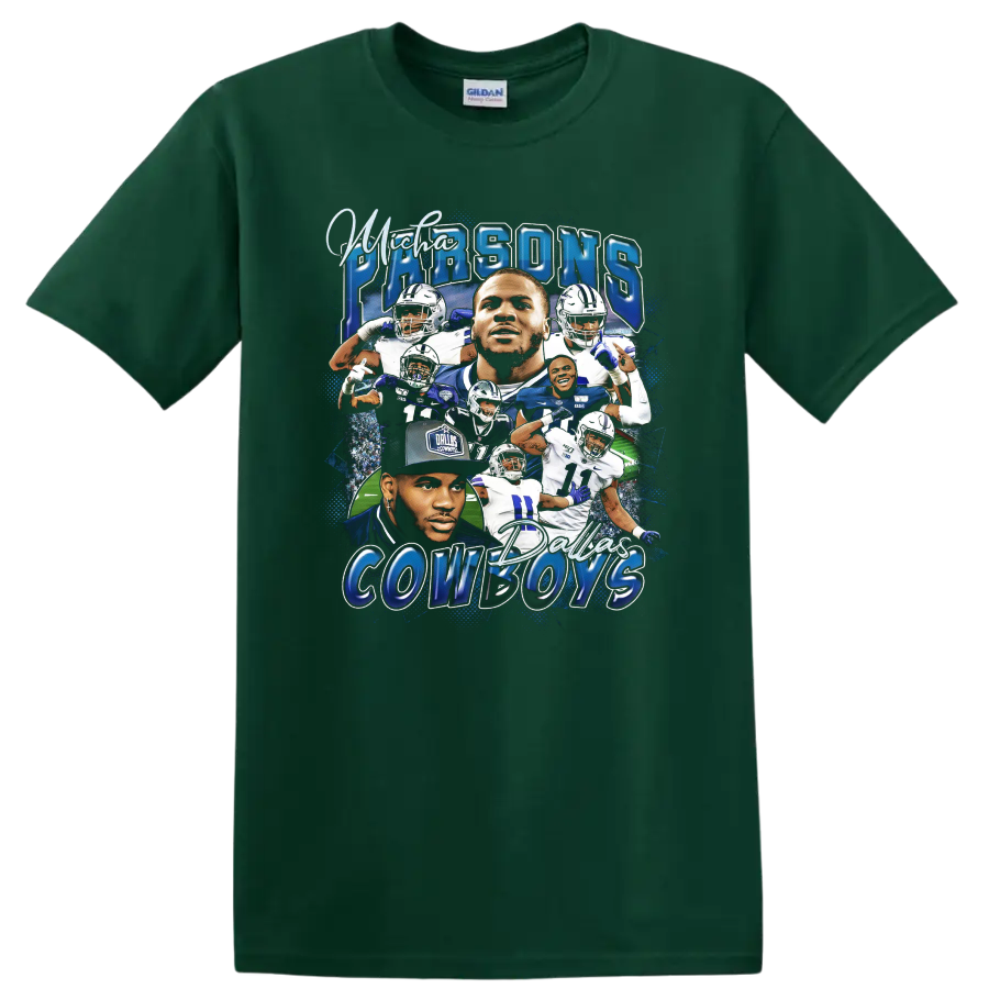 Micah Parsons Dallas Cowboys football collage with player portraits and action poses on a Forest Green T Shirt