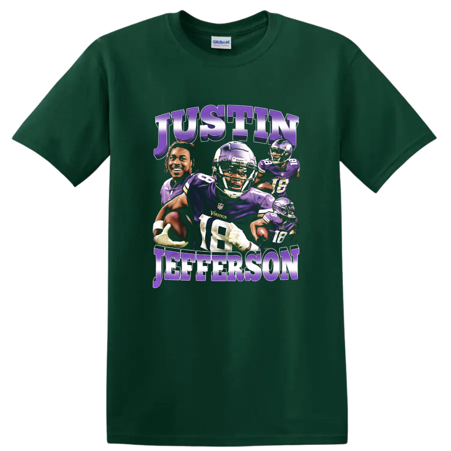 Justin Jefferson Minnesota Vikings layered purple football action collage with bold name on a Forest Green T Shirt