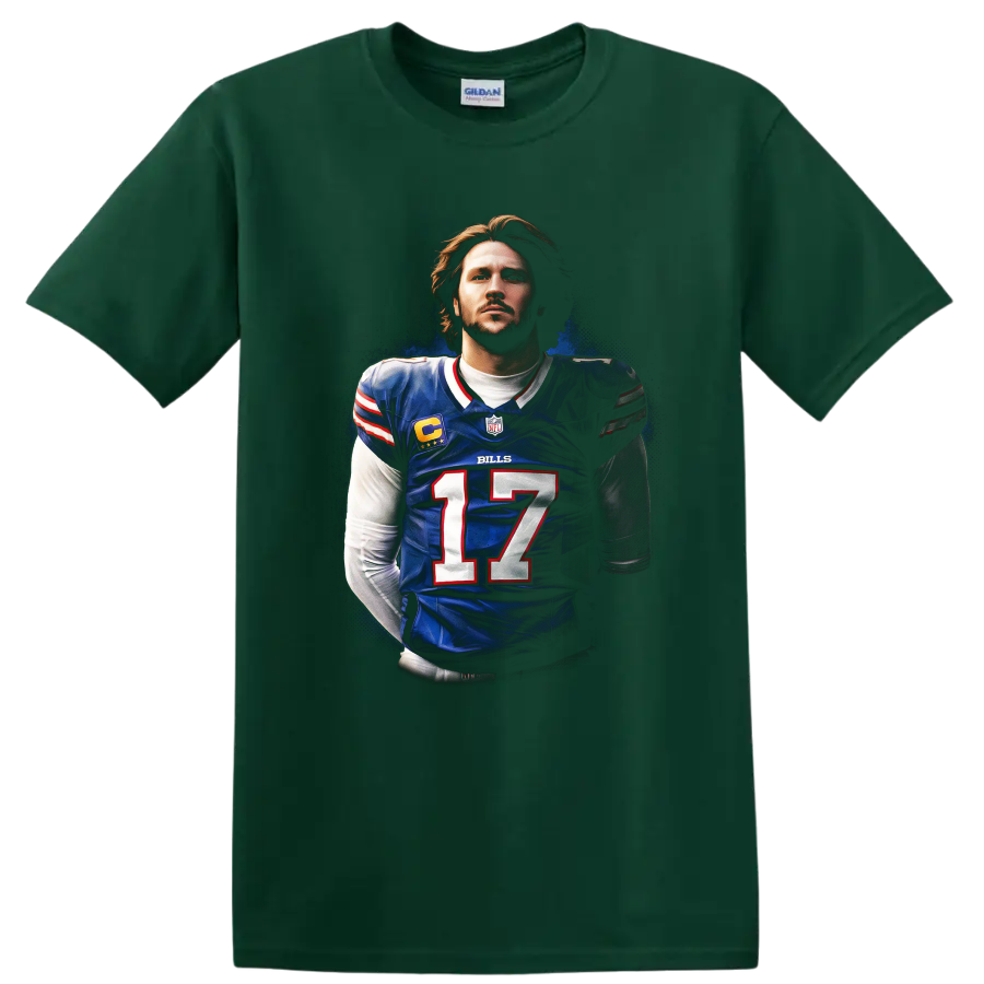 Josh Allen Buffalo Bills number 17 quarterback portrait in dramatic football poster style on a Forest Green T Shirt