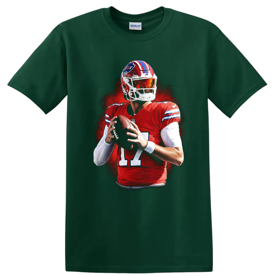 Josh Allen Buffalo Bills No. 17 quarterback action portrait with red halftone backdrop on a Forest Green T Shirt