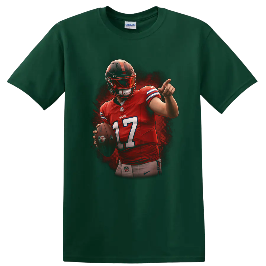 Josh Allen Buffalo Bills number 17 quarterback action illustration with football on a Forest Green T Shirt