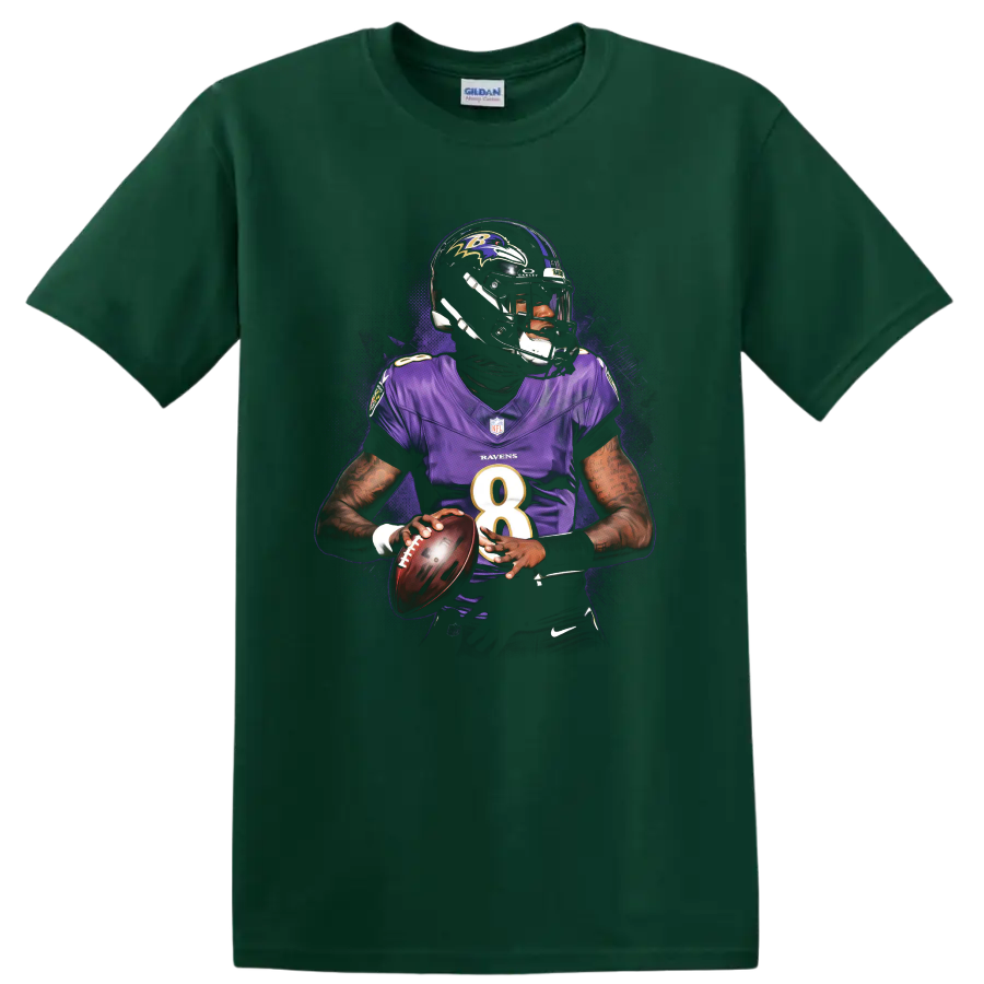 Lamar Jackson Baltimore Ravens quarterback action portrait with purple splatter artwork on a Forest Green T Shirt