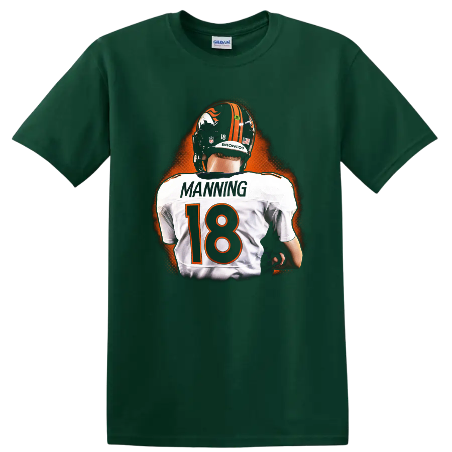 Peyton Manning Broncos No. 18 back-view football player with orange glow on a Forest Green T Shirt