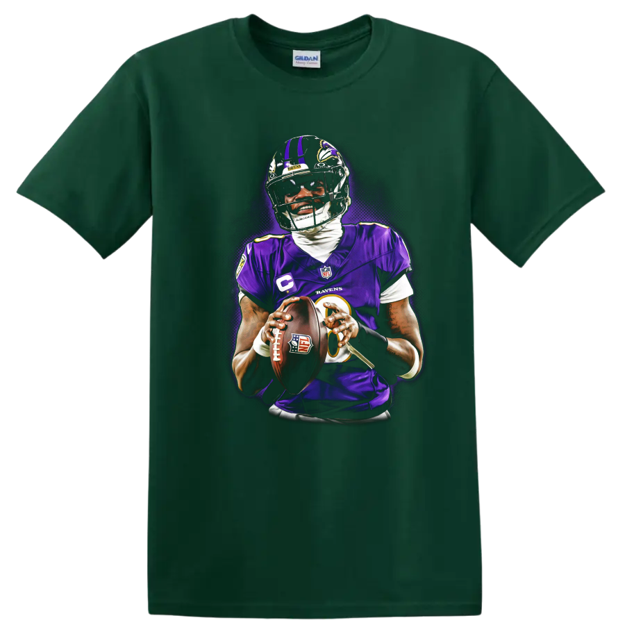 Lamar Jackson Baltimore Ravens quarterback holding a football in glowing purple action art on a Forest Green T Shirt