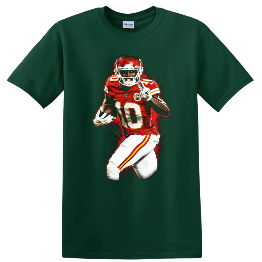 Tyreek Hill Kansas City Chiefs number 10 football action graphic with red splatter on a Forest Green T Shirt