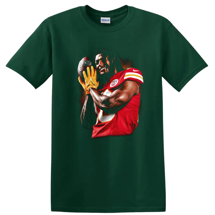 Tyreek Hill Kansas City Chiefs catch-ready football player portrait in bold sports art on a Forest Green T Shirt