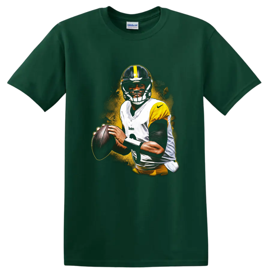 T.J. Watt Pittsburgh Steelers football player portrait with gold grunge splash on a Forest Green T Shirt