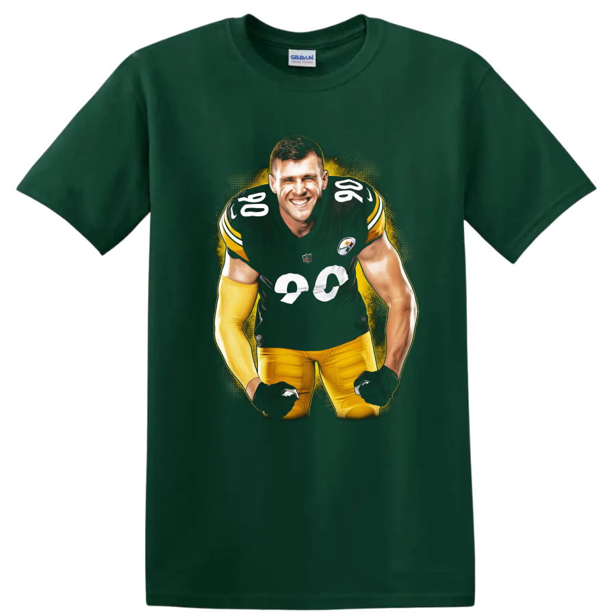T.J. Watt Pittsburgh Steelers number 90 football player portrait with gold splatter on a Forest Green T Shirt