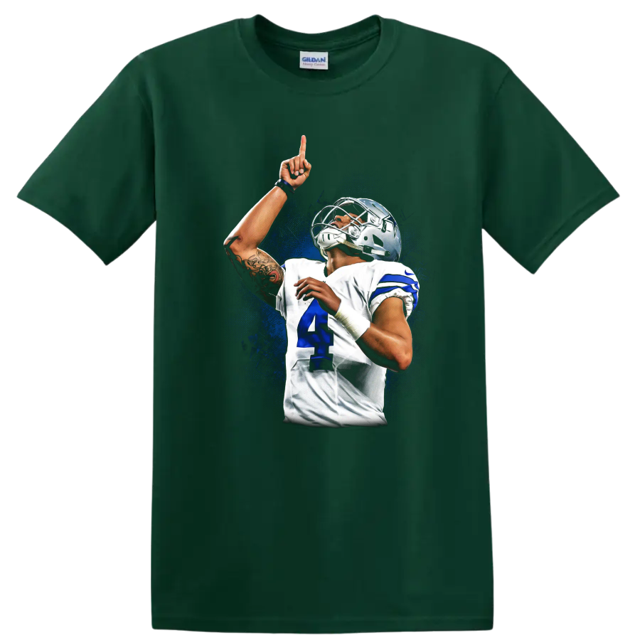 Dak Prescott Dallas Cowboys football action portrait with blue splash background on a Forest Green T Shirt