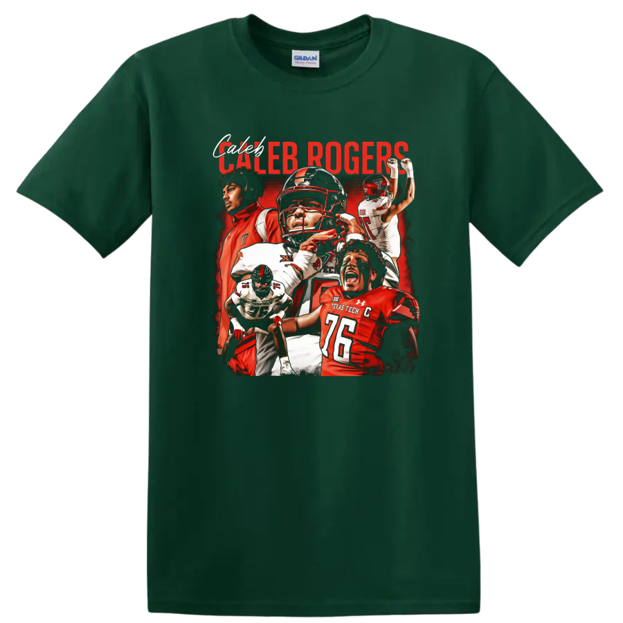 Caleb Rogers Texas Tech Red Raiders football action collage with bold red lettering on a Forest Green T Shirt