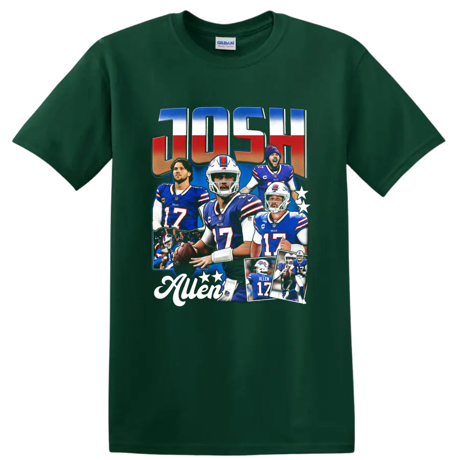 Josh Allen Buffalo Bills football collage with stars and ALLEN 17 action imagery on a Forest Green T Shirt