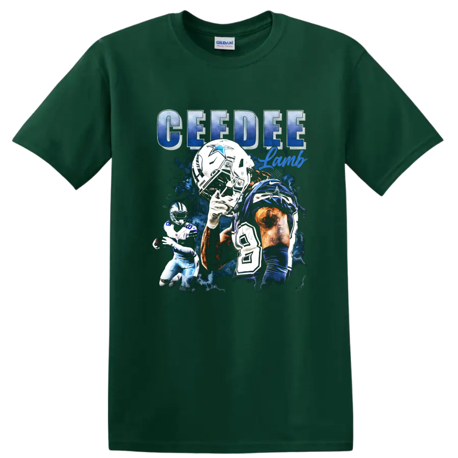 CeeDee Lamb Dallas Cowboys number 88 football collage with CEEDEE Lamb lettering on a Forest Green T Shirt
