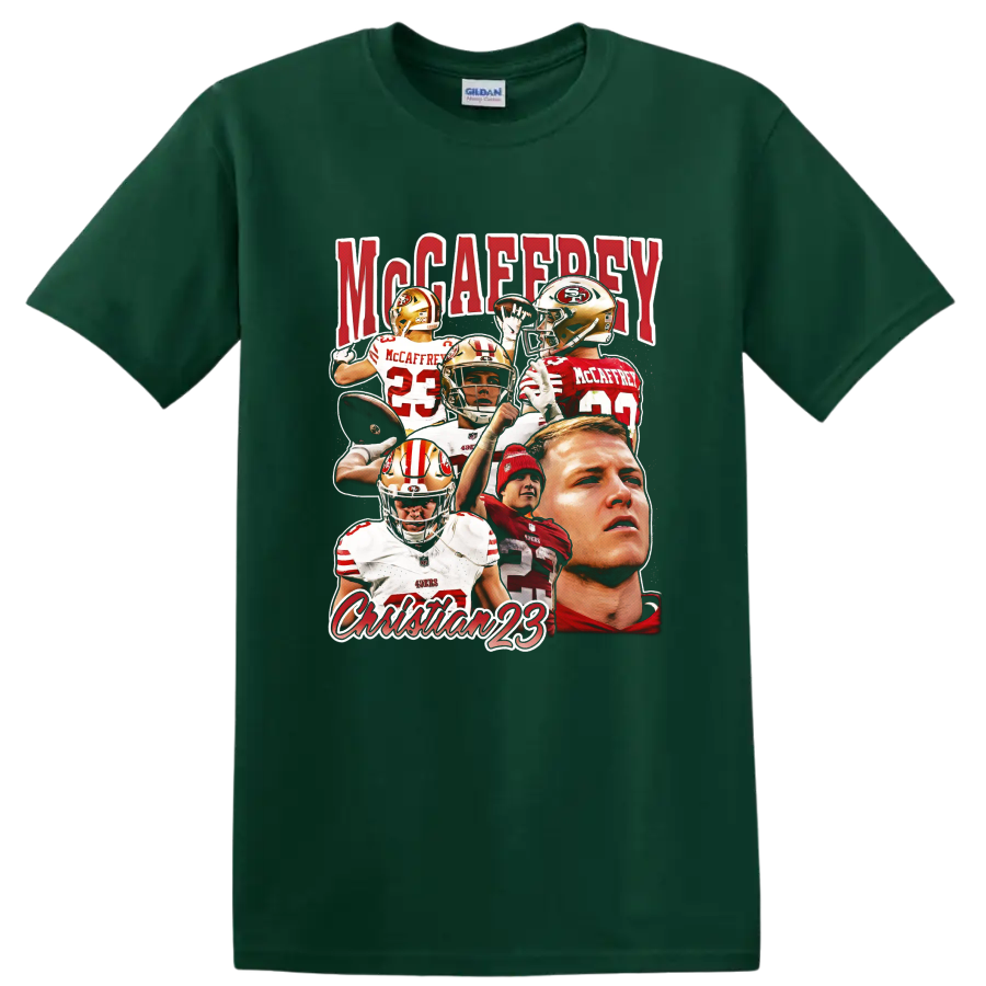 Christian McCaffrey 49ers number 23 football action collage with bold McCaffrey lettering on a Forest Green T Shirt