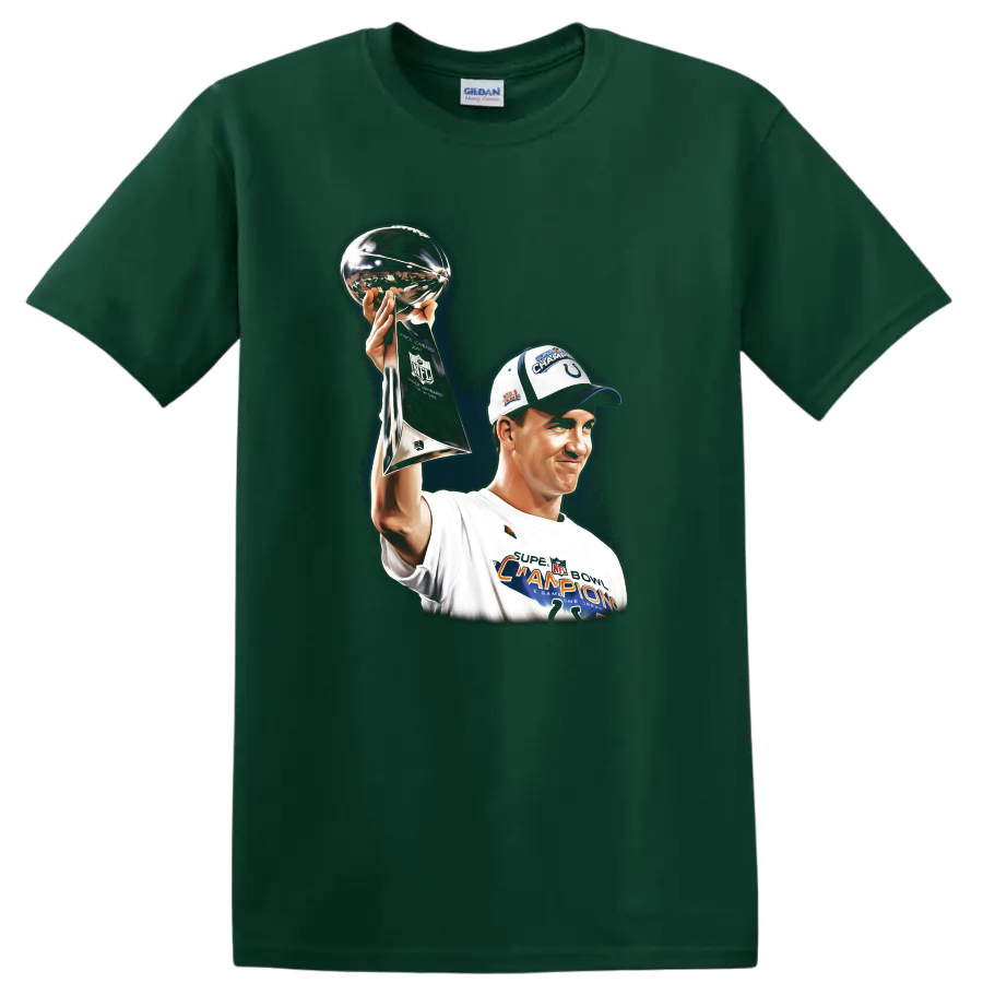 Peyton Manning raising the Lombardi Trophy in a Super Bowl champion sports illustration on a Forest Green T Shirt