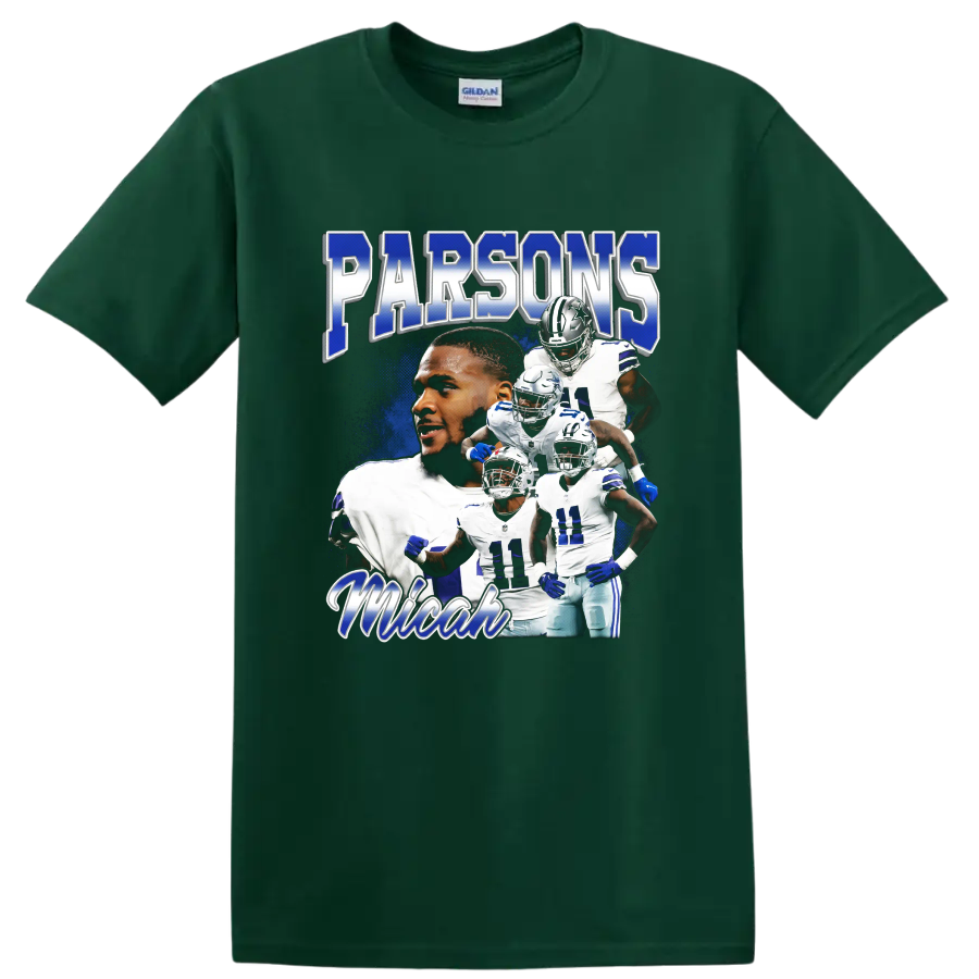 Micah Parsons Dallas Cowboys action collage with Parsons and football player imagery on a Forest Green T Shirt