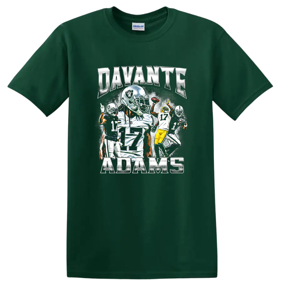 Davante Adams Las Vegas Raiders football action collage with metallic name lettering on a Forest Green T Shirt