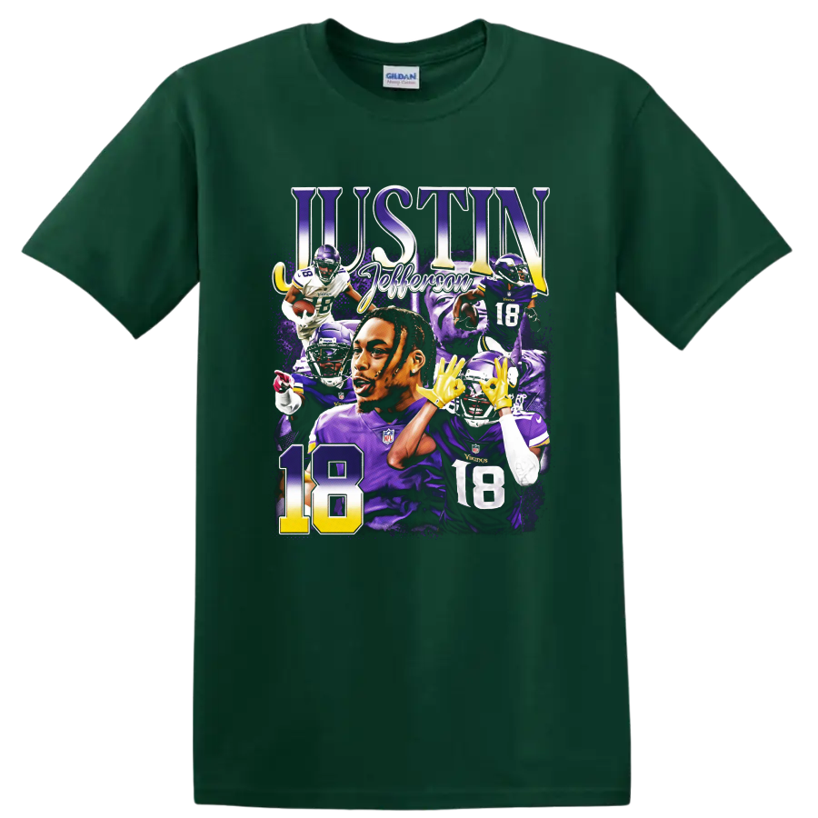 Justin Jefferson Minnesota Vikings number 18 purple football action collage on a Forest Green T Shirt