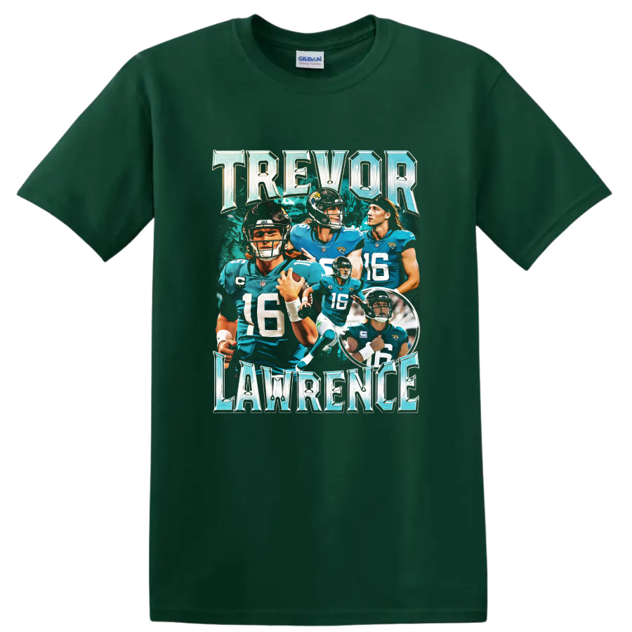 Trevor Lawrence Jaguars quarterback action collage with metallic lettering on a Forest Green T Shirt