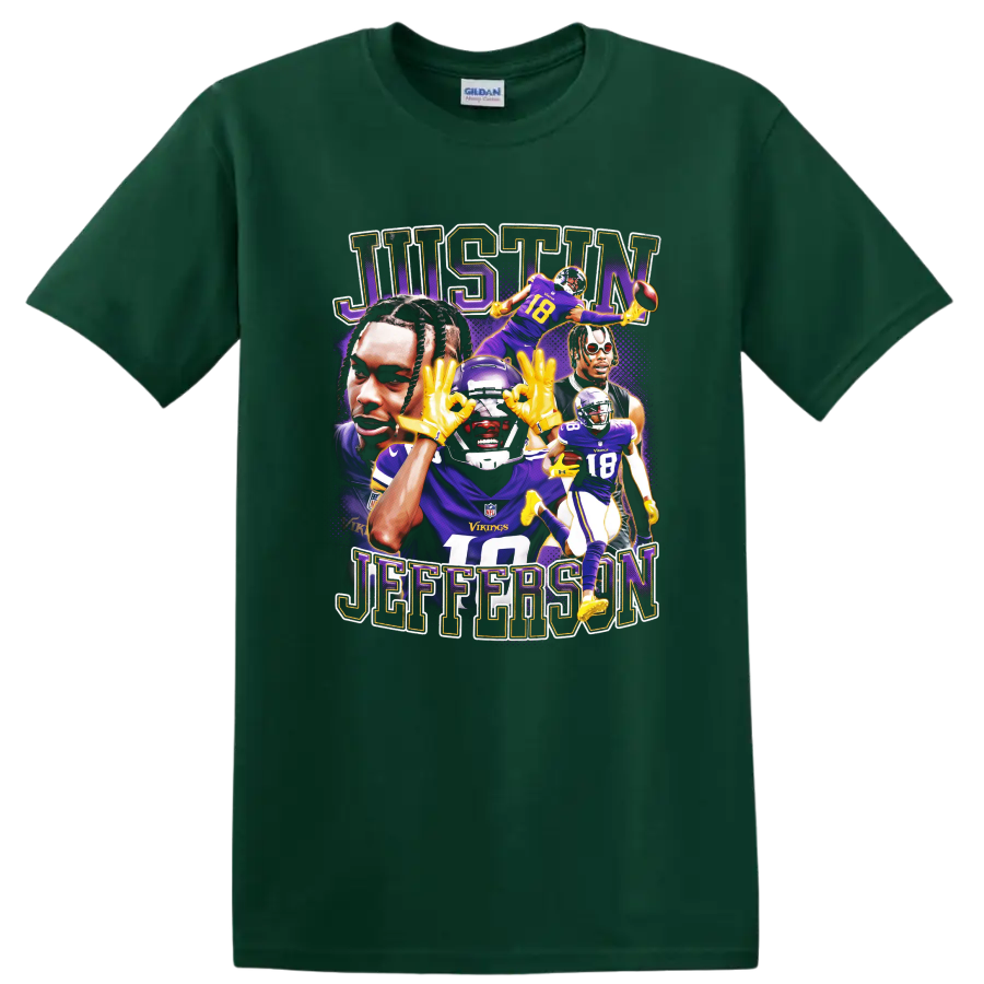 Justin Jefferson Minnesota Vikings football portrait collage with JUSTIN JEFFERSON text on a Forest Green T Shirt