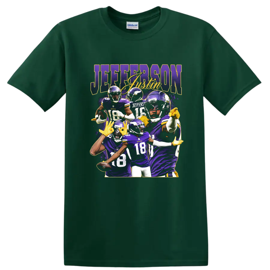 Justin Jefferson Minnesota Vikings football player collage with purple and gold action on a Forest Green T Shirt