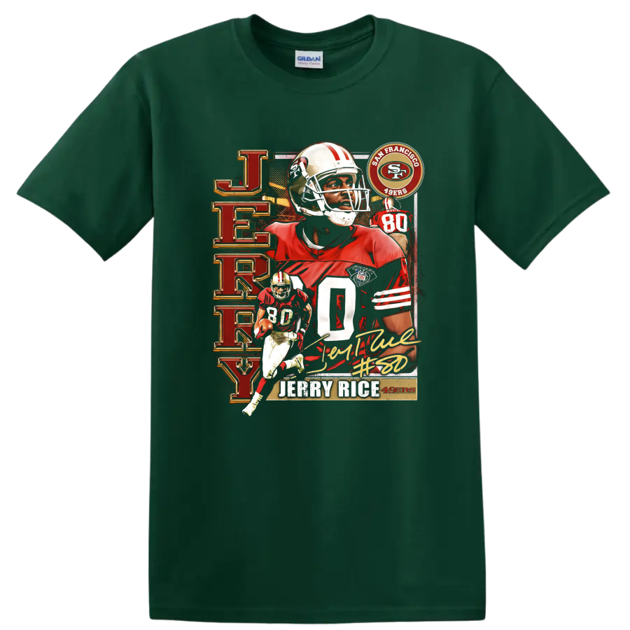Jerry Rice 49ers retro football collage with number 80, action poses, and signature-style on a Forest Green T Shirt