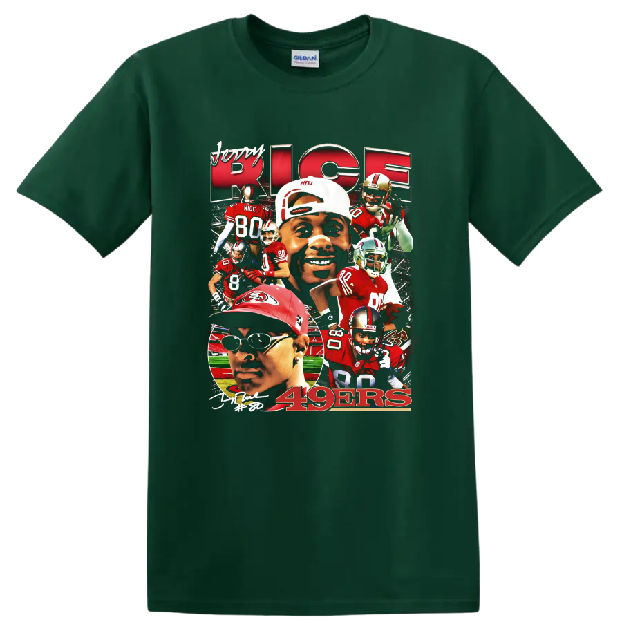 Jerry Rice San Francisco 49ers red and gold football action collage with 49ers text on a Forest Green T Shirt