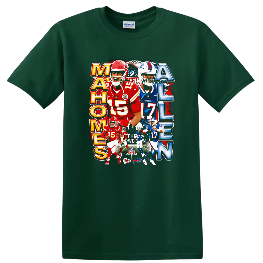 Patrick Mahomes and Josh Allen football rivalry collage with Chiefs and Bills action on a Forest Green T Shirt